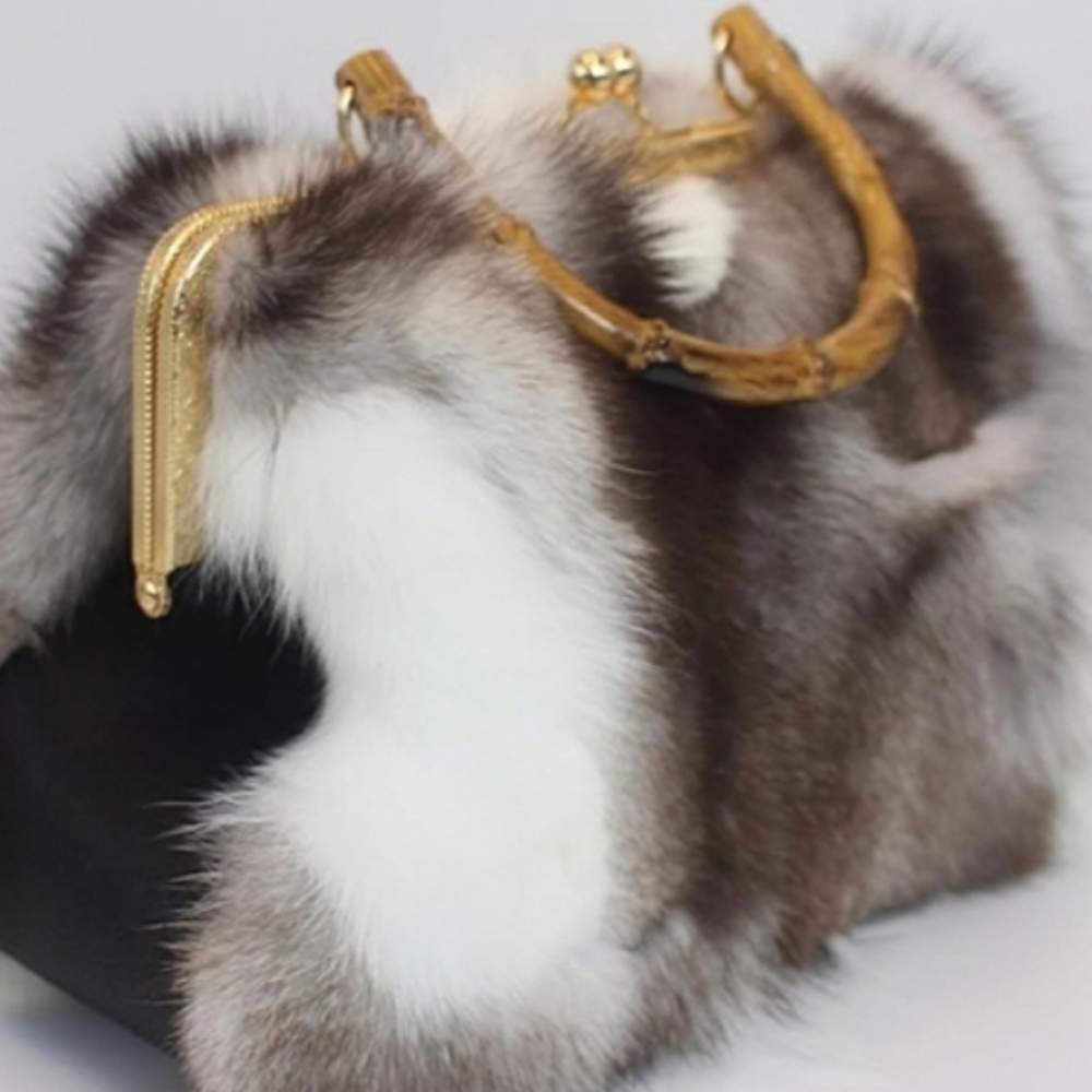 NWT Real Fox Fur Handbag - Vintage Kisslock Purse with Bamboo Handle, Patchwok - Picture 1 of 7